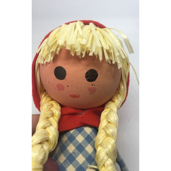 Vintage 1960's Handmade Wooden Doll Little Red Riding Hood Long Yellow Braids - Picture 5 of 8